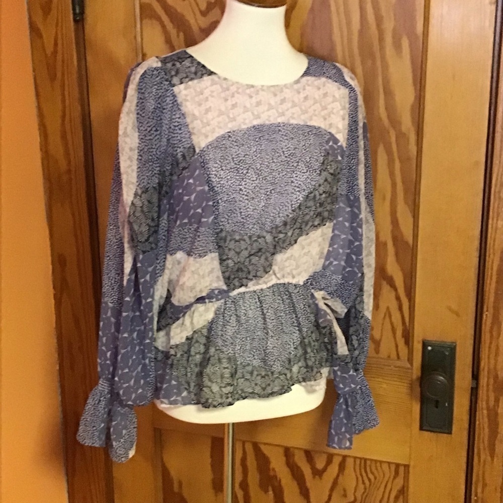 BB Dakota Patchwork Peplum Blouse Medium Boho Cottagecore Sheer Sleeve Ruffle - Picture 7 of 15
